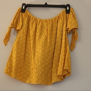 yellow off the shoulder top with bow sleeves